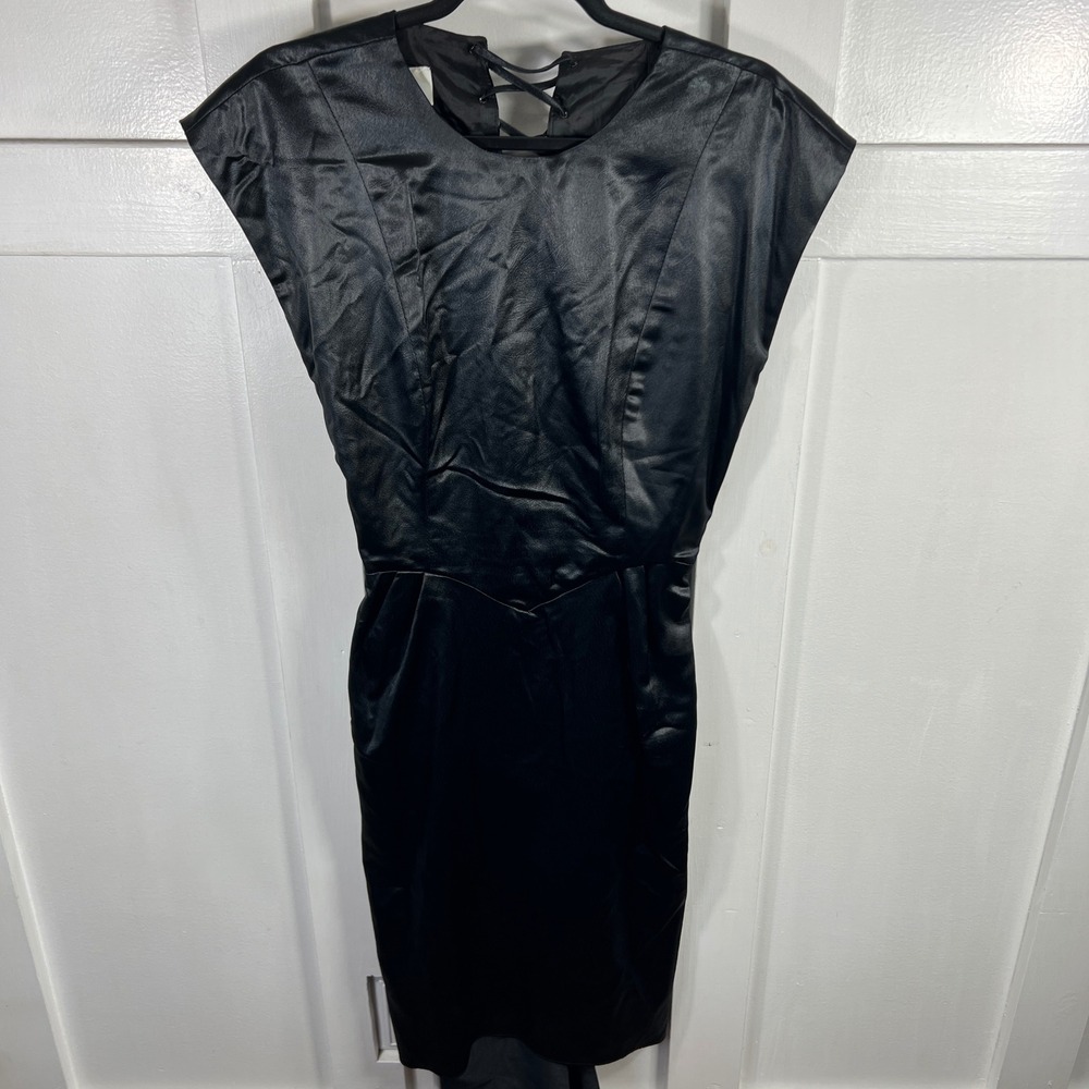 Vintage Jody California Black Satin Open Back Lace Up Cocktail Dress Size 11/12